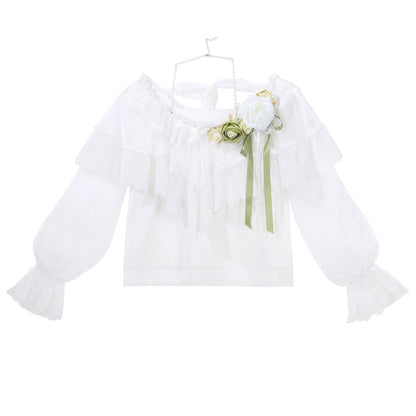 Olive Green Vintage Lace Ruffle Blouse And Skirt Set YOU0306