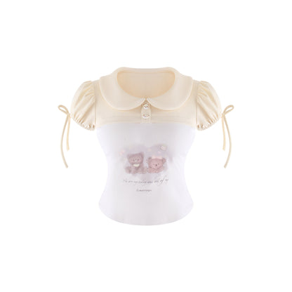 Bear Print Collar Top And Tiered Skirt Set SER0168
