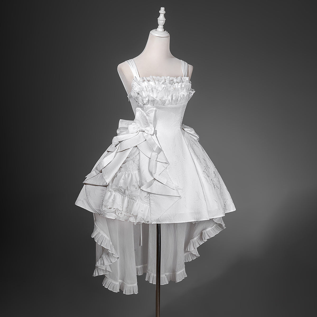 White Lace Ruffle Bow High-Low Train Dress YOU0278