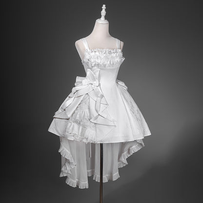 White Lace Ruffle Bow High-Low Train Dress YOU0278