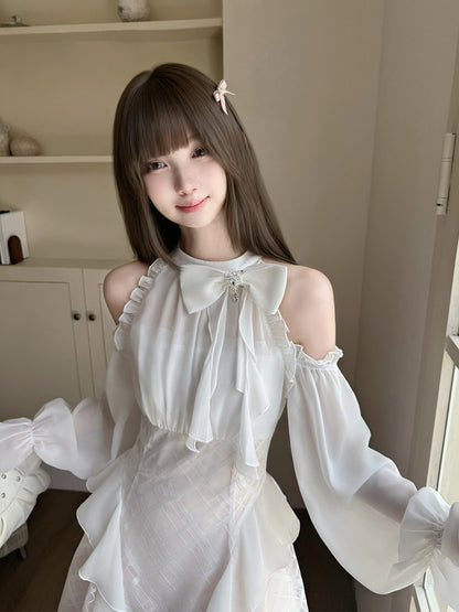 Off-Shoulder Bow Tiered Tulle Dress LAL0133