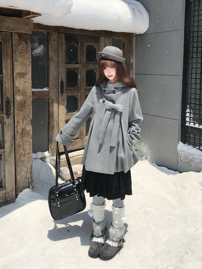 Hooded Gray Wool Coat With Pleated Skirt LAL0152