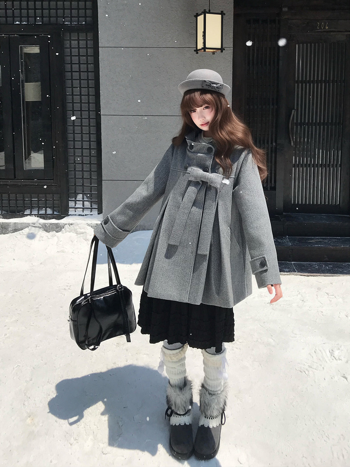 Hooded Gray Wool Coat With Pleated Skirt LAL0152