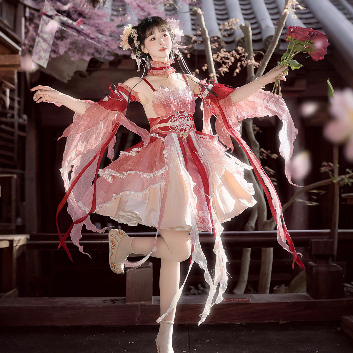 Chinese Style Pink Ombre Feather-Sleeve Dress YOU0298