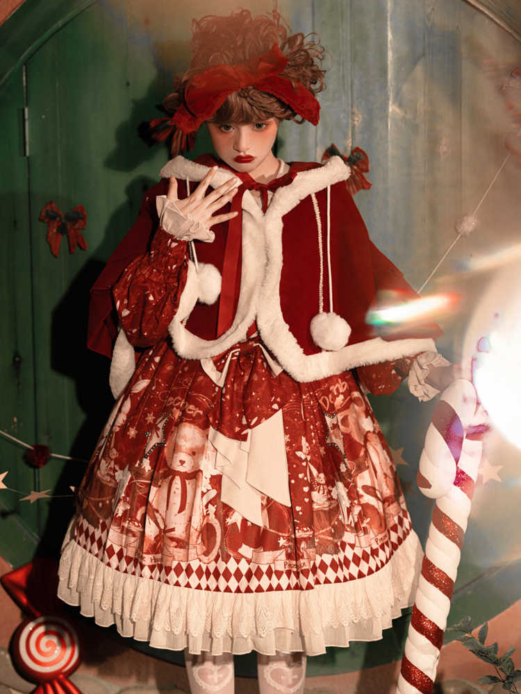 Hooded Christmas Cape and Bear Print Dress YOU0147