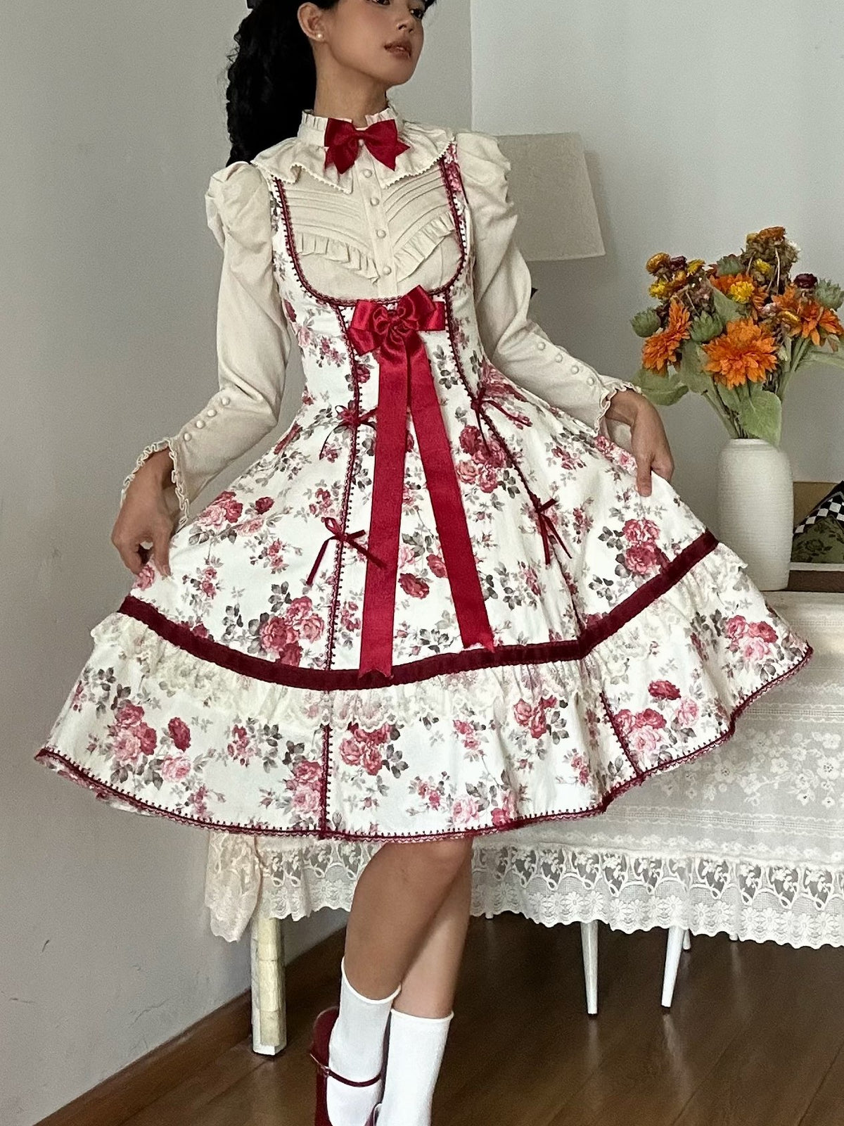Red Floral Ribbon Trim Lolita Dress ONE0026