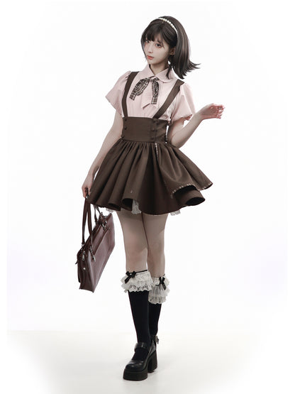Preppy Embroidered Blouse And Suspender Skirt PIN0047
