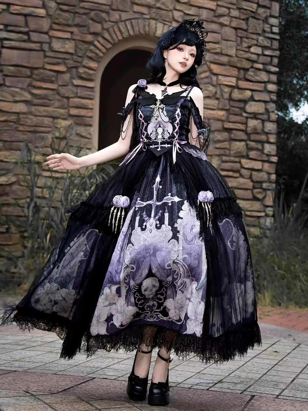 Black Gothic Off-Shoulder Skull Print Lolita Dress YOU0309