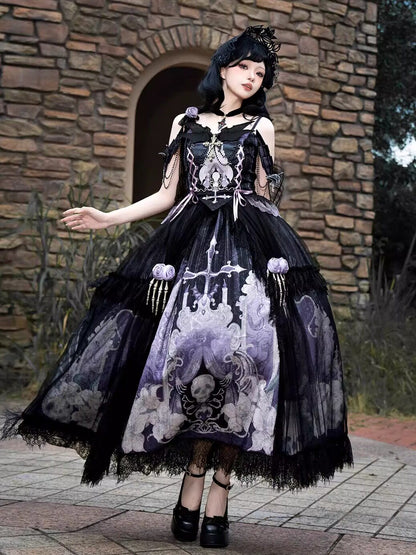 Black Gothic Off-Shoulder Skull Print Lolita Dress YOU0309