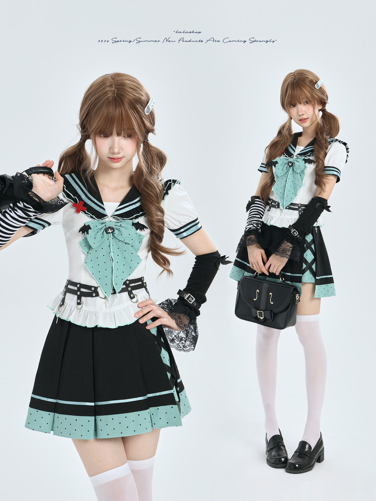 Mint And Black Sailor Collar Bow Blouse LAL0214