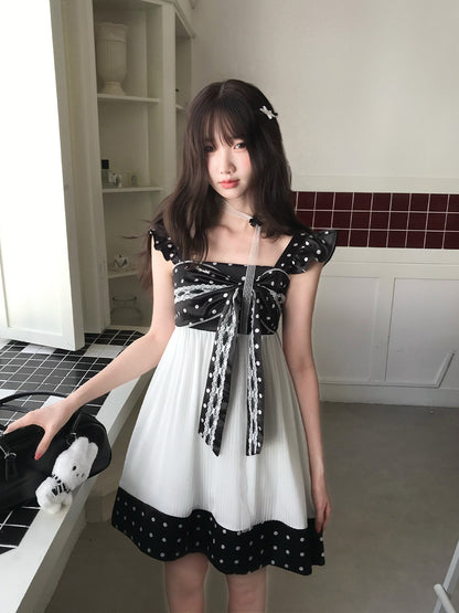 Polka Dot Bow Tie Pleated Dress LAL0193