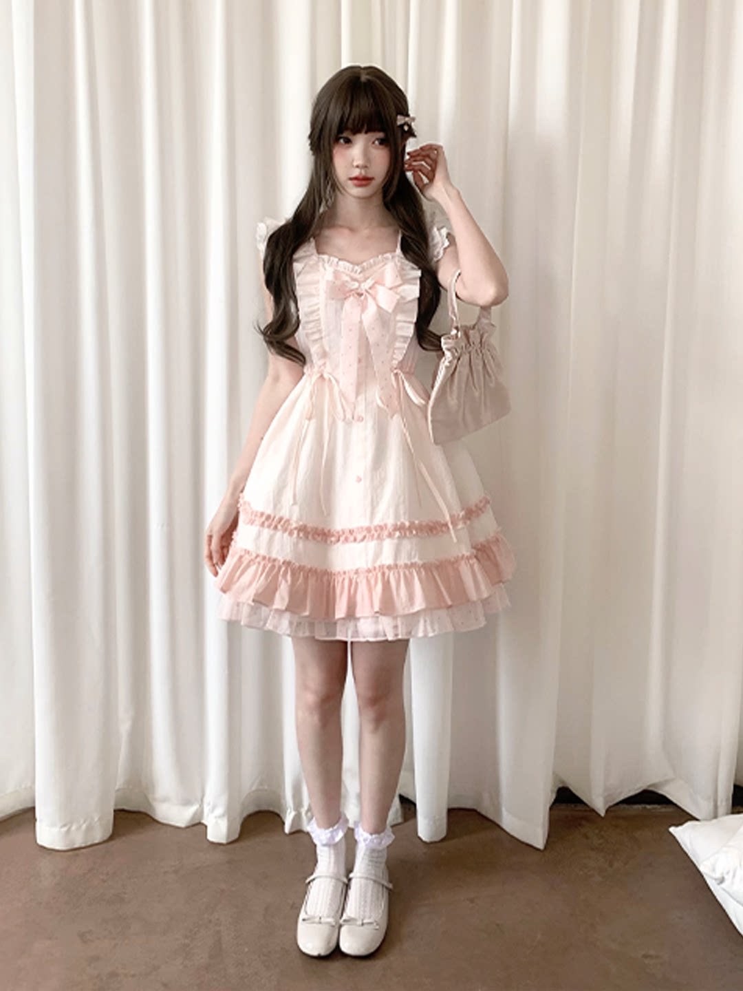 Pink Bow Ruffle Tiered Dress LAL0172
