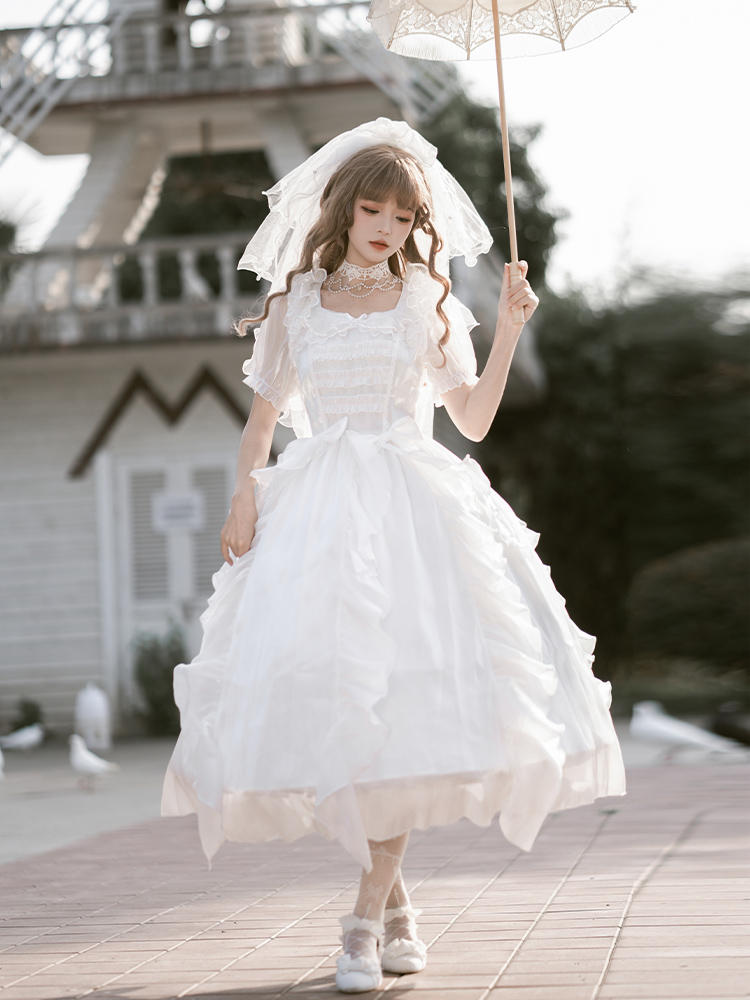 White Lace Satin Mid-Length Princess Line Dress WIT0220