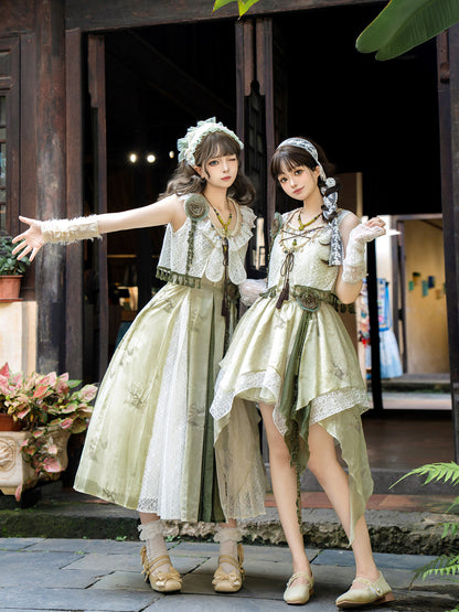 Ivory Floral Chiffon Asymmetric Hem Dress With Lace Vest YOU0308