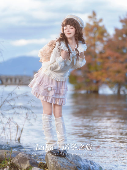 Ruffle Collar Bow Knit Sweater With Tiered Skirt LAL0162