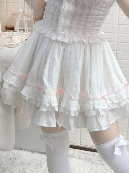 Tiered Ruffle Lace Trim Mini Skirt LAL0244