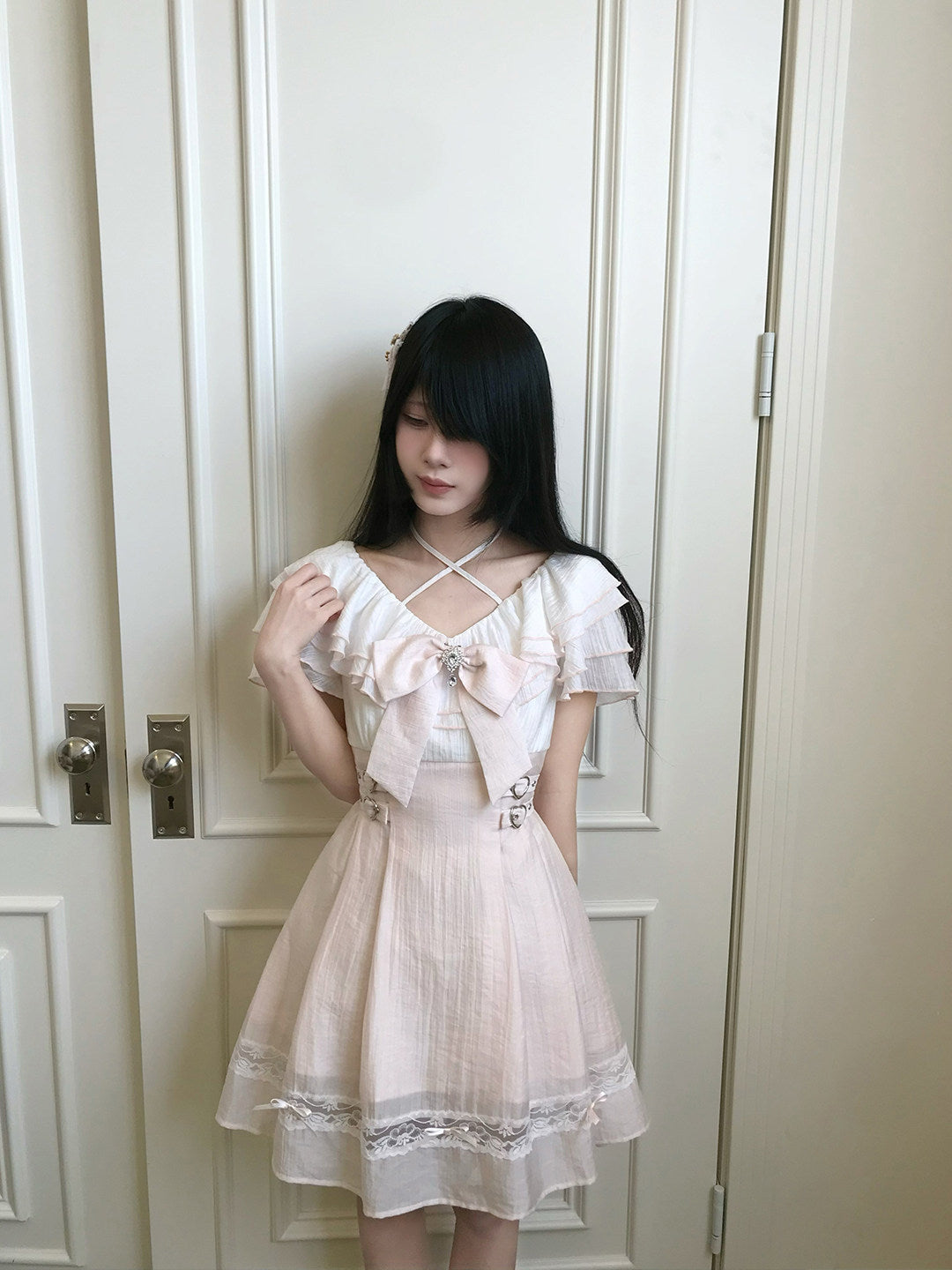 Pink Crisscross Ruffle Cape Sleeve Dress LAL0186