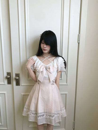 Pink Crisscross Ruffle Cape Sleeve Dress LAL0186