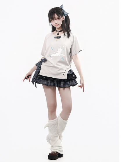 Graphic Print Tee And Plaid Tiered Skirt PIN0048