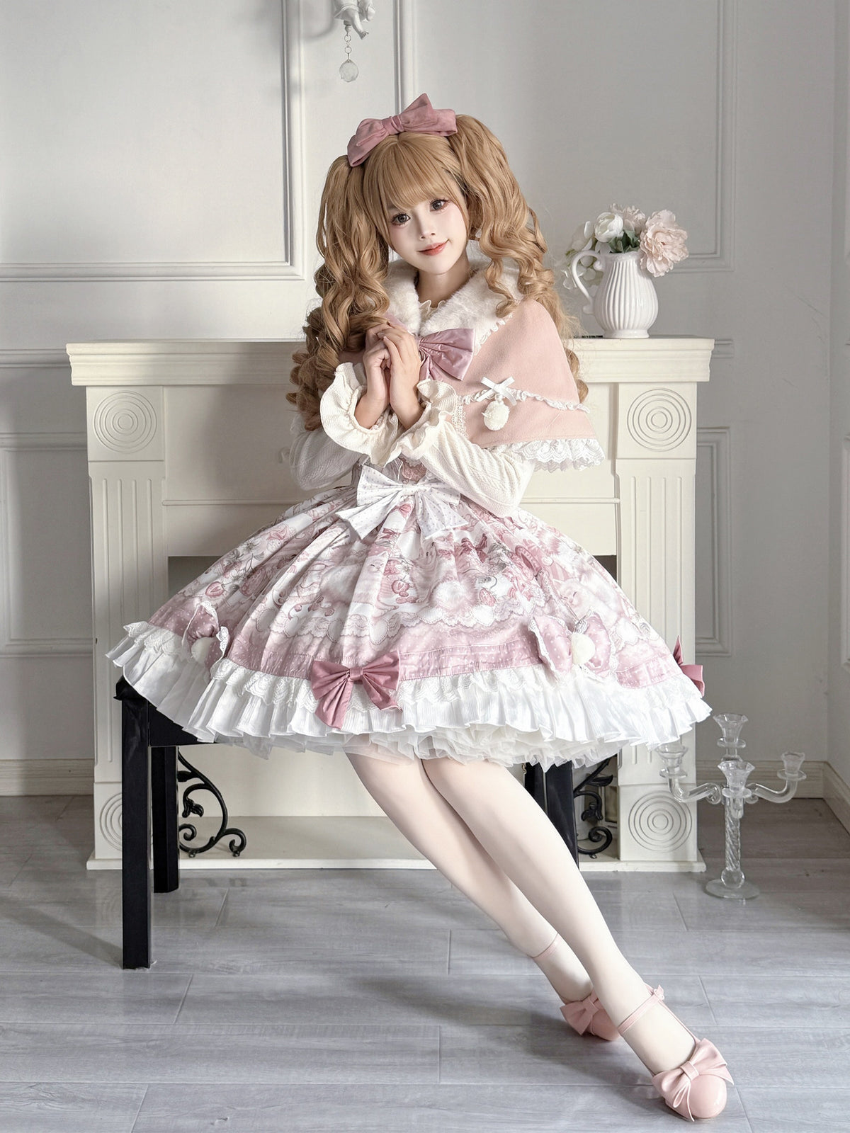 Floral Print Lolita Camisole Dress With Ruffle Cape Set YOU0266