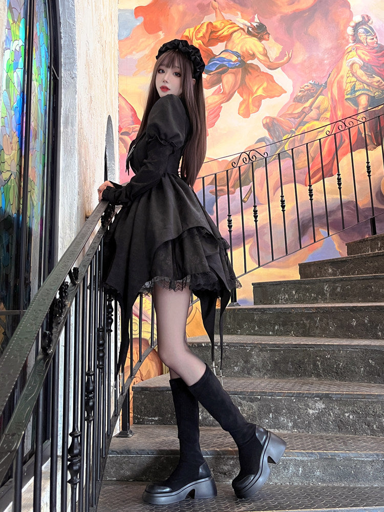 Dark Gothic High-Waist Long-Sleeve Lolita Dress YOU0235