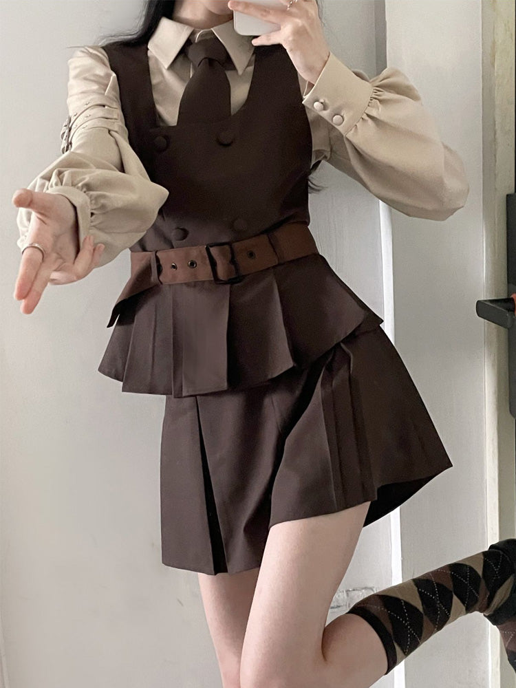 School Uniform Style Design Brown Two-piece Set PIN0003