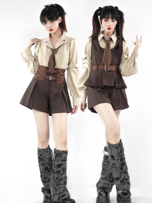 School Uniform Style Design Brown Two-piece Set PIN0003