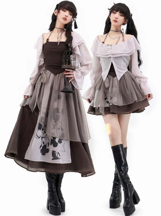 China Style Dark Suspender Skirt and Tops PIN0004