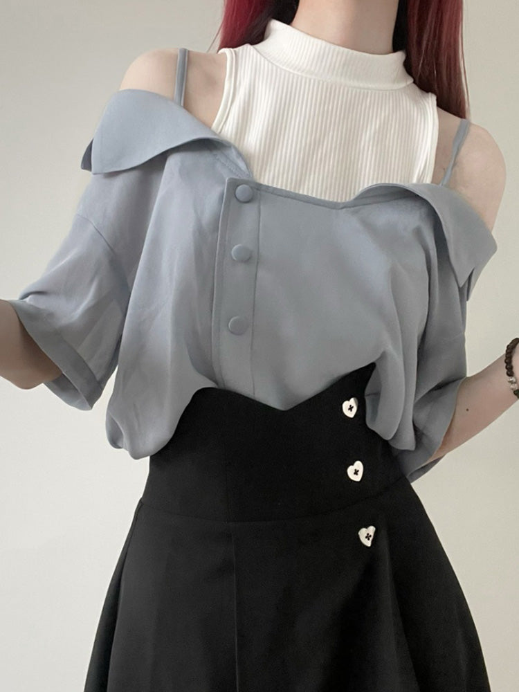 Chiffon Shirt & Suspender Skirt PIN0005