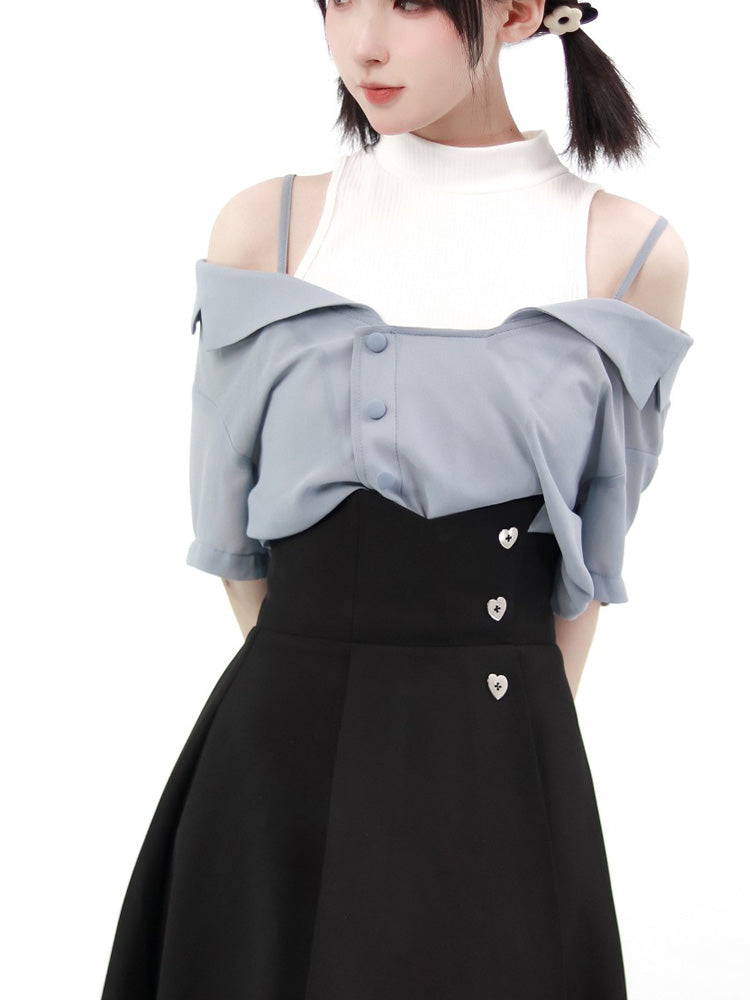 Chiffon Shirt & Suspender Skirt PIN0005