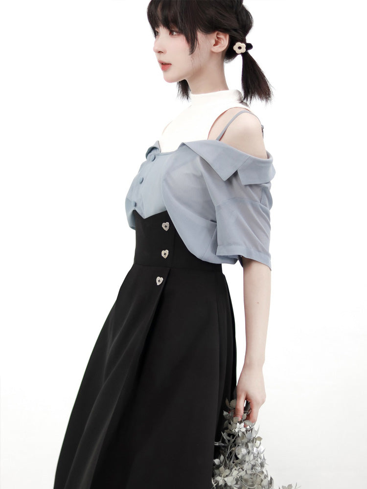 Chiffon Shirt & Suspender Skirt PIN0005