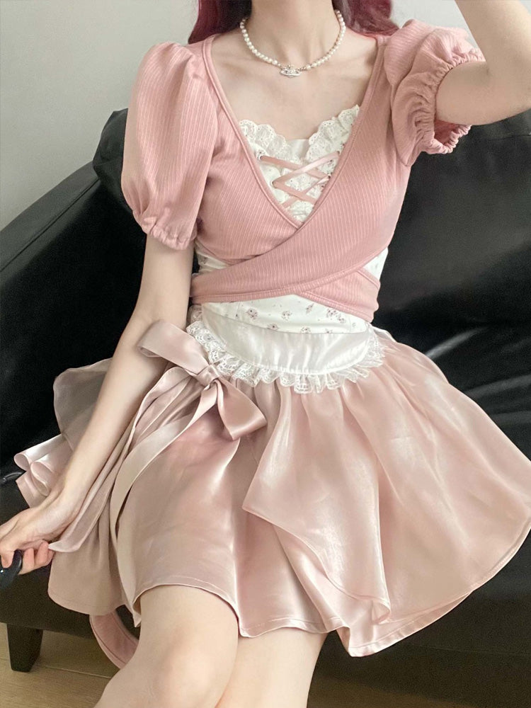 Girly Lace-up tops & Pink Pearl Skirt PIN0006