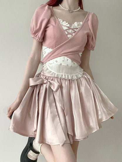 Girly Lace-up tops & Pink Pearl Skirt PIN0006