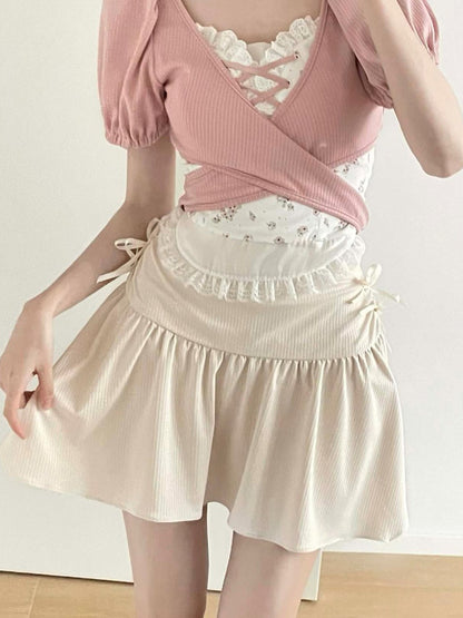 Girly Lace-up tops & Pink Pearl Skirt PIN0006