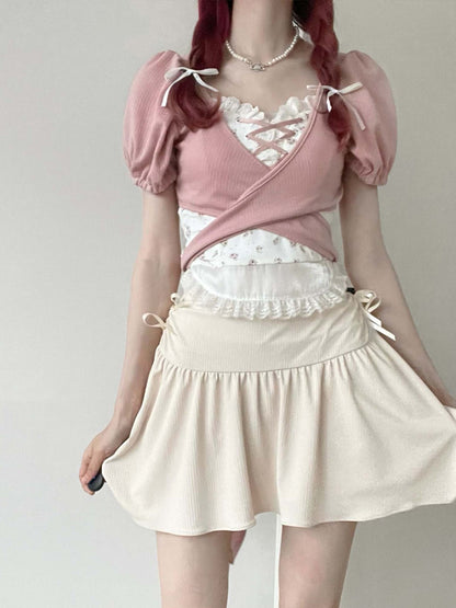 Girly Lace-up tops & Pink Pearl Skirt PIN0006