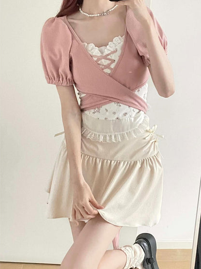 Girly Lace-up tops & Pink Pearl Skirt PIN0006