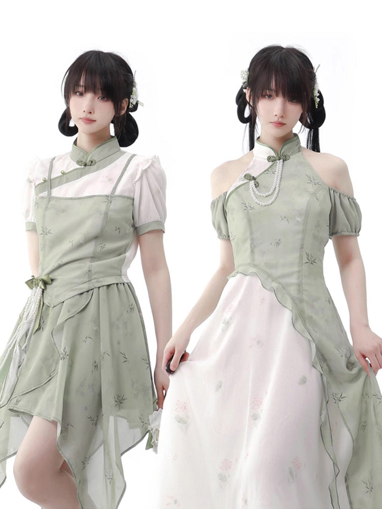 Green Floral Pearl Asymmetrical China Dress & Two-piece Set PIN0011