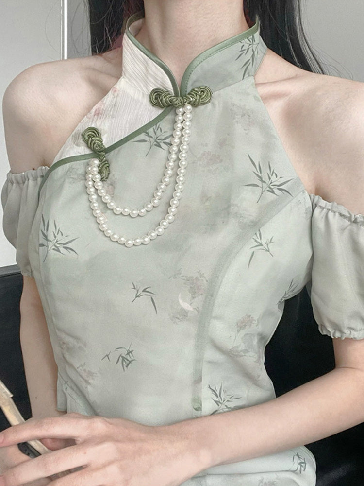 Green Floral Pearl Asymmetrical China Dress & Two-piece Set PIN0011