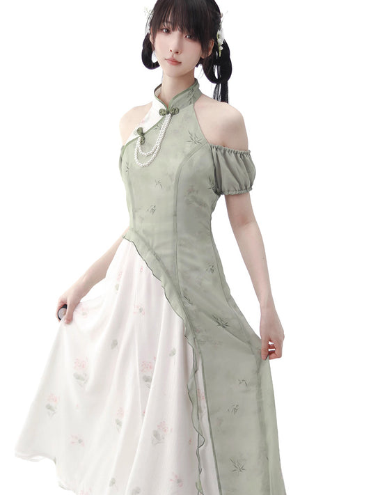 Green Floral Pearl Asymmetrical China Dress & Two-piece Set PIN0011