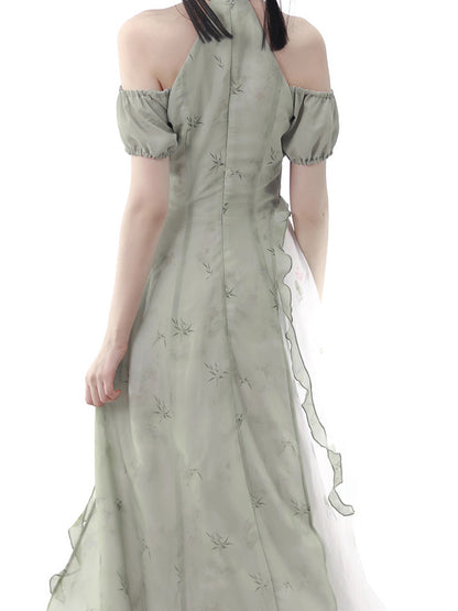 Green Floral Pearl Asymmetrical China Dress & Two-piece Set PIN0011