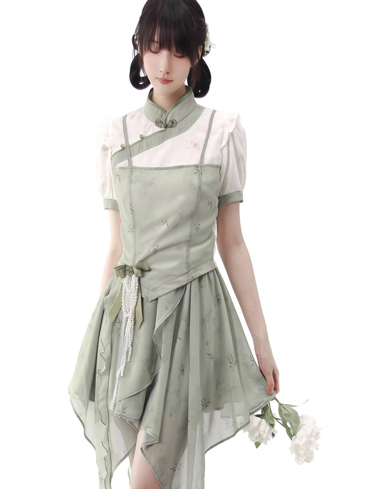 Green Floral Pearl Asymmetrical China Dress & Two-piece Set PIN0011