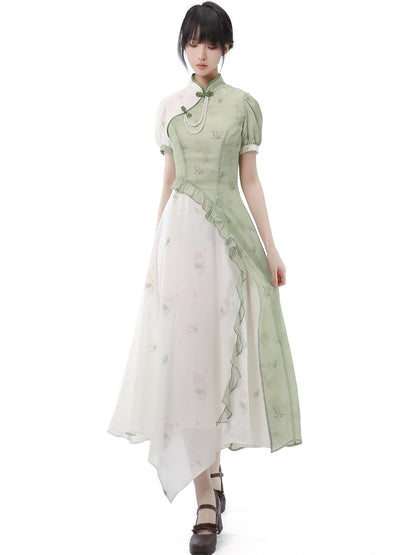 Green Floral Pearl Asymmetrical China Dress & Two-piece Set PIN0011