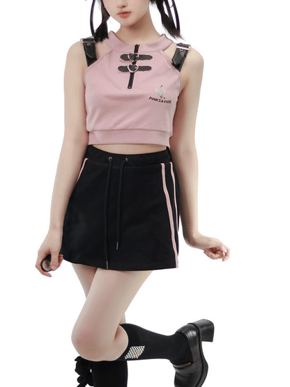 Pink Short Strap Tops & Casual Lace-up Pants PIN0012