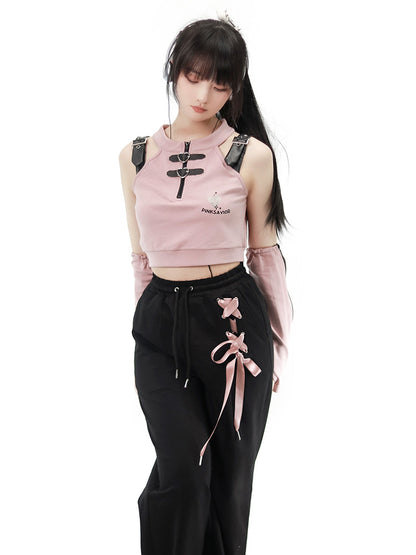 Pink Short Strap Tops & Casual Lace-up Pants PIN0012