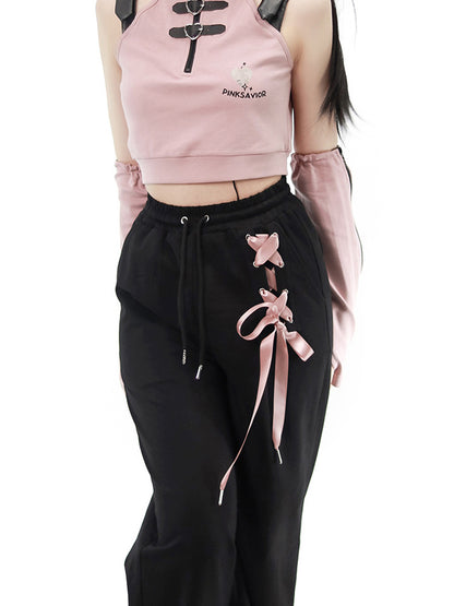 Pink Short Strap Tops & Casual Lace-up Pants PIN0012