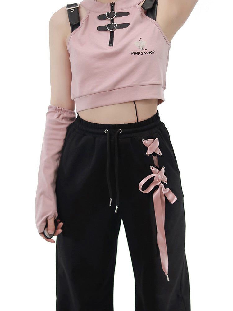 Pink Short Strap Tops & Casual Lace-up Pants PIN0012