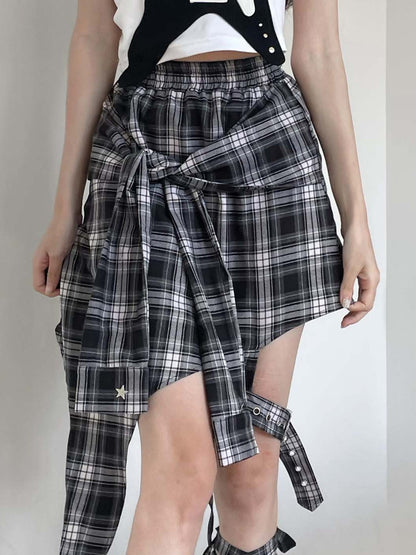 Guitar Style Off-shoulder shirt & Check skirt PIN0018