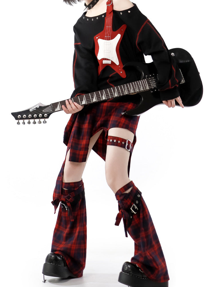 Guitar Style Off-shoulder shirt & Check skirt PIN0018