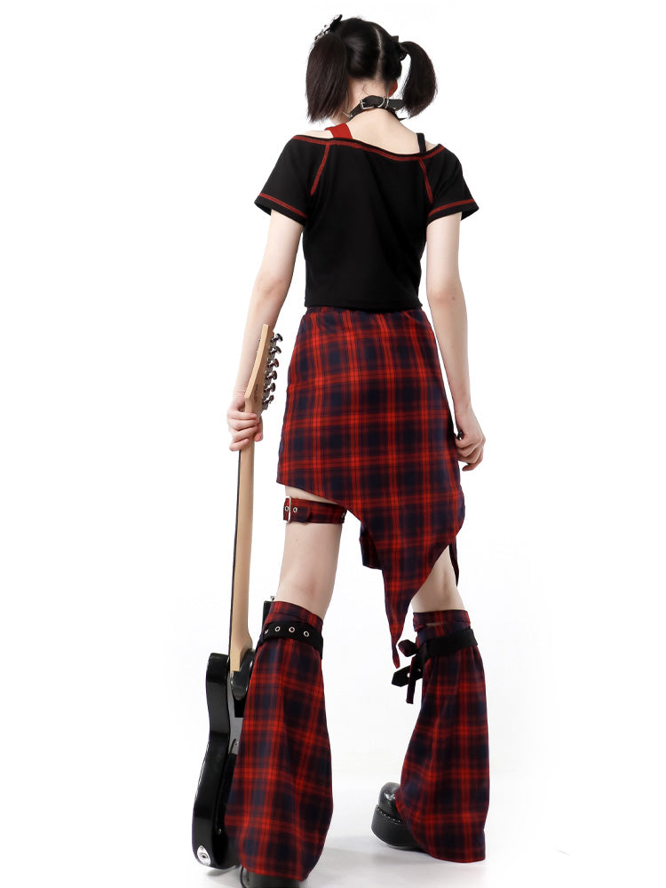 Guitar Style Off-shoulder shirt & Check skirt PIN0018