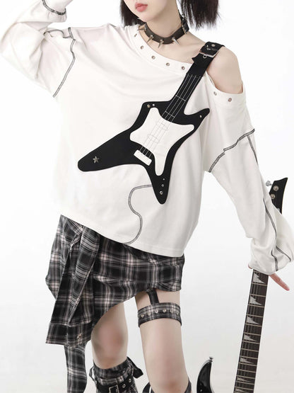 Guitar Style Off-shoulder shirt & Check skirt PIN0018